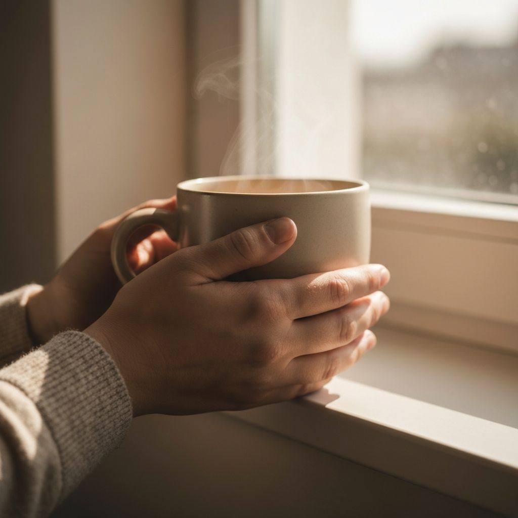 Hands holding warm mug beside window