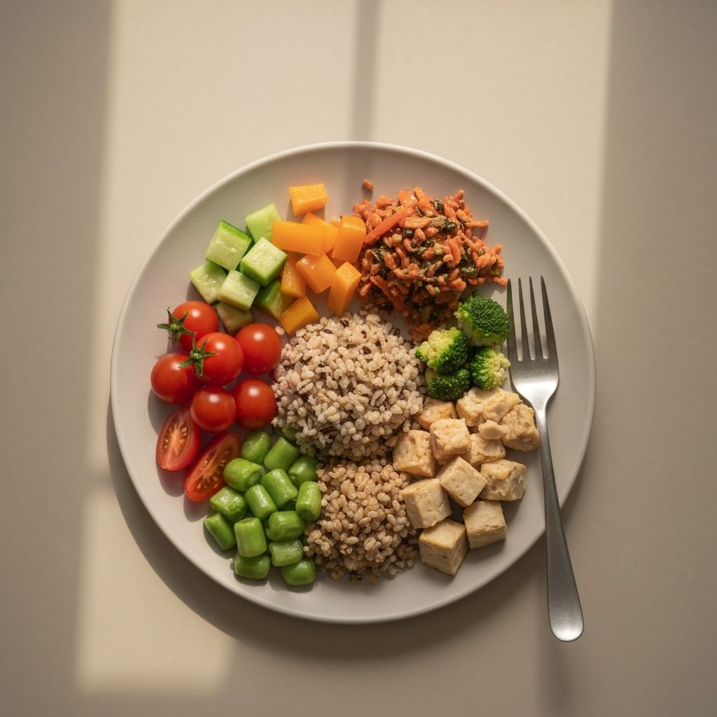 Calm plate with natural mixed foods in soft window light
