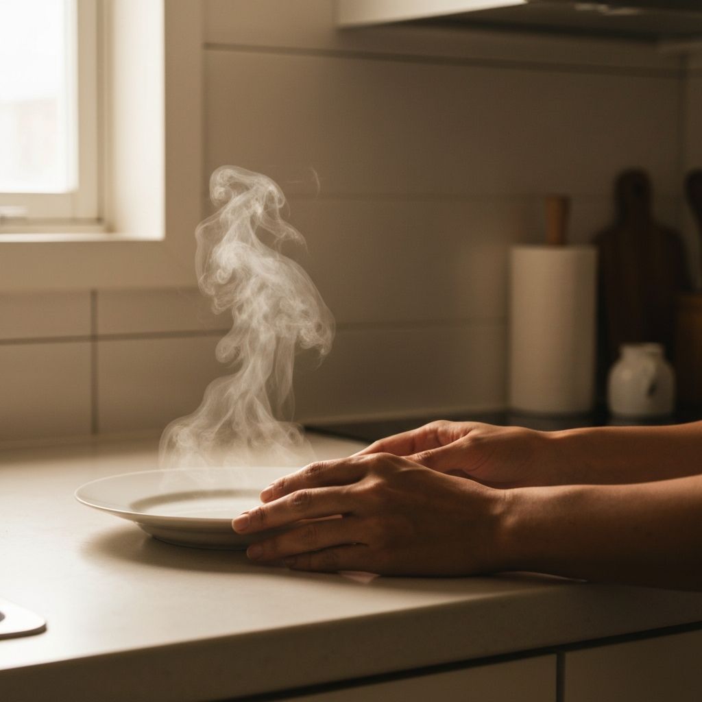 Hands beside untouched plate with steam rising
